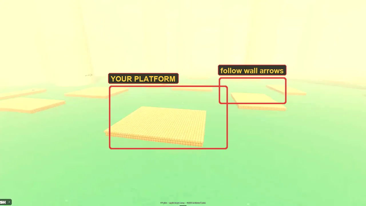 Pillar Hall: platforms threaded between columns, with the safest route marked