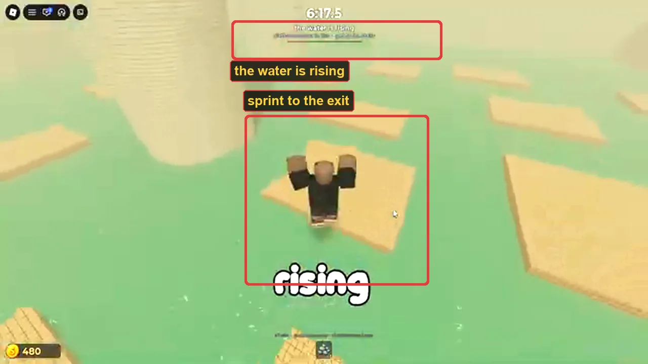 The rising-water escape: the exit route climbing the yellow blocks marked while water floods the room