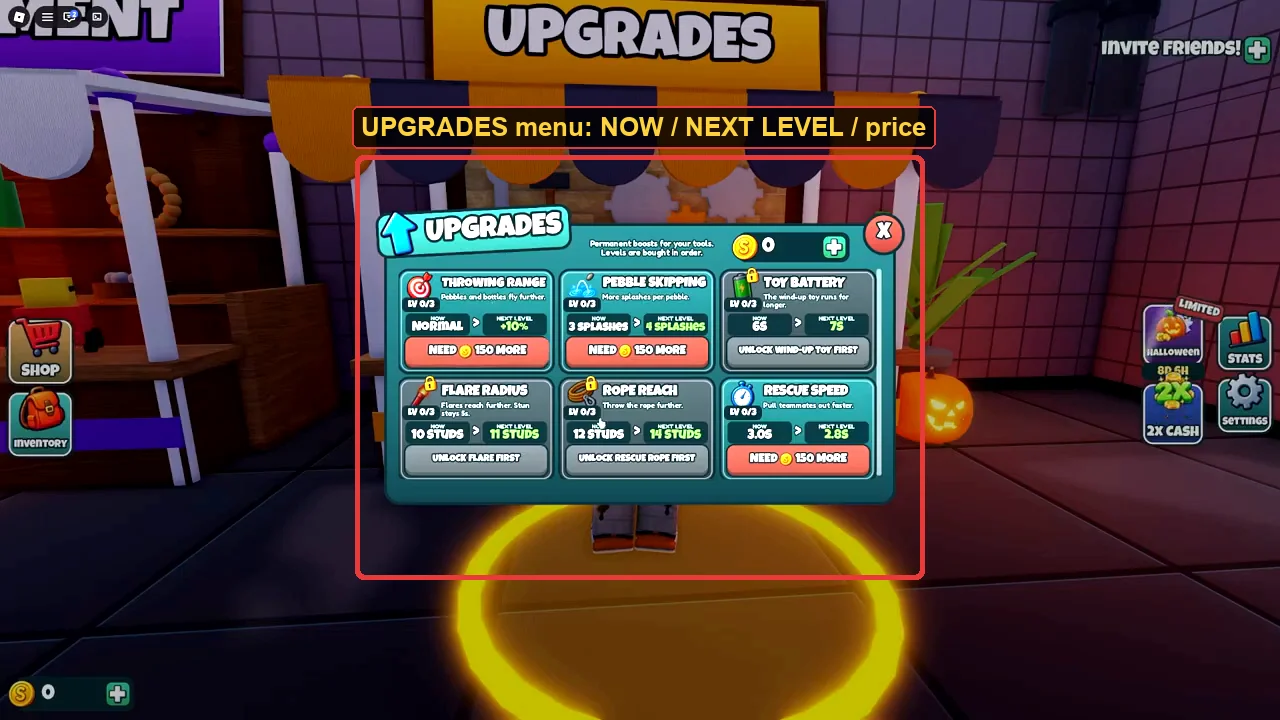 The UPGRADES stall menu: NOW value, NEXT LEVEL preview and coin price marked